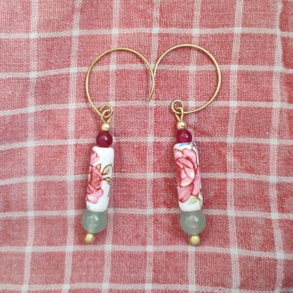 SOLD Handmade Dainty Rose Earrings With Stone Accents - Picture 2 of 5